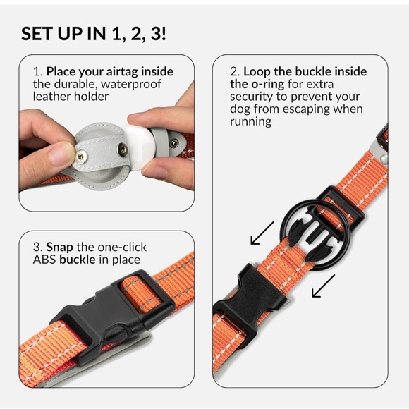 Air Tag Dog Collar - Reflective stitching & Orange - for medium size dogs - Picture 7 of 12